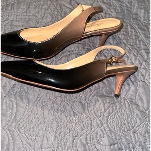 Ombré black/tan kitten heel sling back heels.